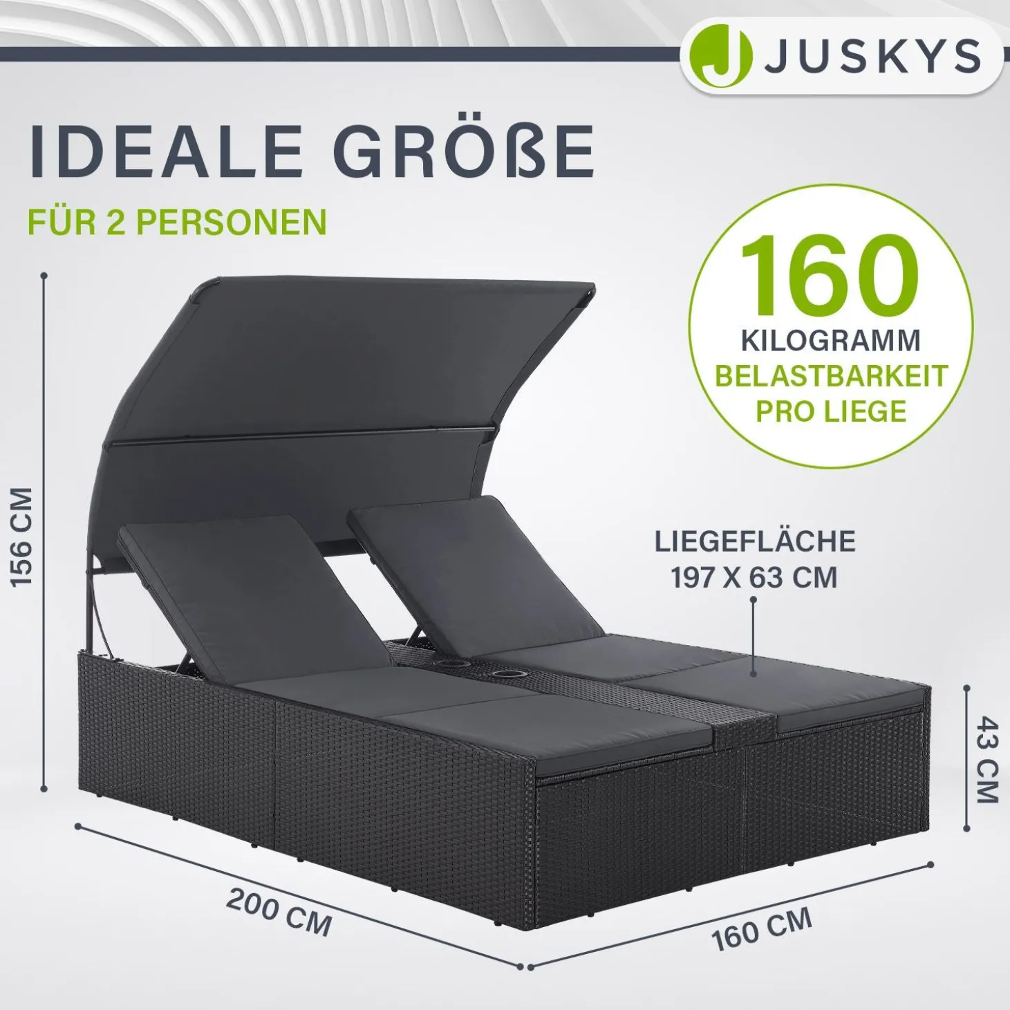 Polyrattan Doppelliege Syros Outdoor Liege für 2 Personen - mit Sonnendach & Auflagen