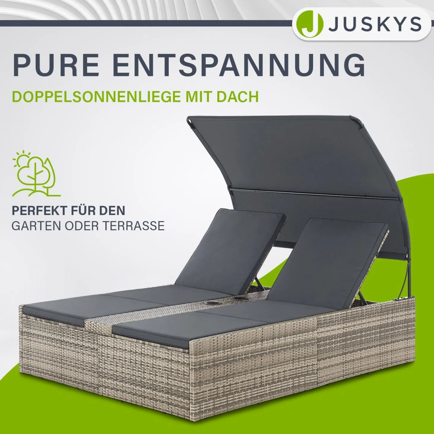 Polyrattan Doppelliege Syros Outdoor Liege für 2 Personen - mit Sonnendach & Auflagen