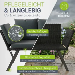 Polyrattan Multifunktionsbank Calvia Schwarz/Grau/Creme Wetterfestes Polyrattan Gartensofa mit Liegefunktion