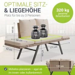 Polyrattan Multifunktionsbank Calvia Schwarz/Grau/Creme Wetterfestes Polyrattan Gartensofa mit Liegefunktion