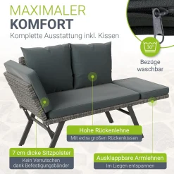 Polyrattan Multifunktionsbank Calvia Schwarz/Grau/Creme Wetterfestes Polyrattan Gartensofa mit Liegefunktion