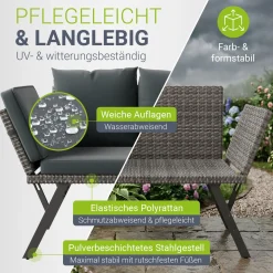 Polyrattan Multifunktionsbank Calvia Schwarz/Grau/Creme Wetterfestes Polyrattan Gartensofa mit Liegefunktion