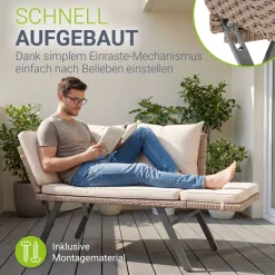 Polyrattan Multifunktionsbank Calvia Schwarz/Grau/Creme Wetterfestes Polyrattan Gartensofa mit Liegefunktion