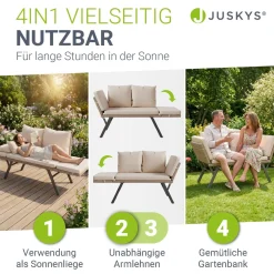 Polyrattan Multifunktionsbank Calvia Schwarz/Grau/Creme Wetterfestes Polyrattan Gartensofa mit Liegefunktion