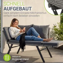 Polyrattan Multifunktionsbank Calvia Schwarz/Grau/Creme Wetterfestes Polyrattan Gartensofa mit Liegefunktion