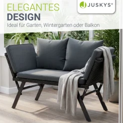 Polyrattan Multifunktionsbank Calvia Schwarz/Grau/Creme Wetterfestes Polyrattan Gartensofa mit Liegefunktion