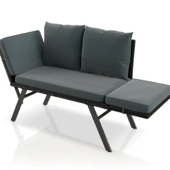 Polyrattan Multifunktionsbank Calvia Schwarz/Grau/Creme Wetterfestes Polyrattan Gartensofa mit Liegefunktion