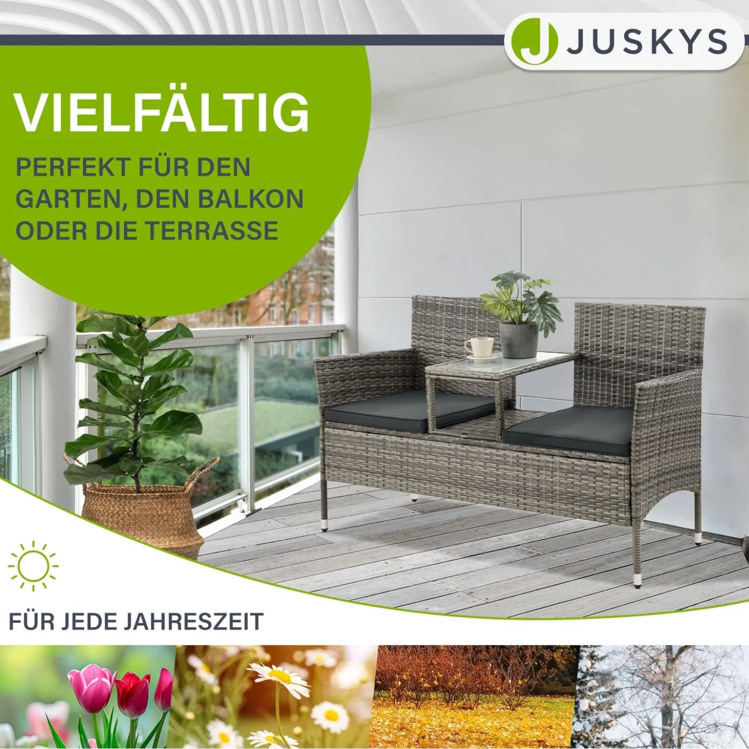 Polyrattan Sitzbank Monaco Gartenmöbel Sitzbank für 2 Personen inkl. Abstelltisch