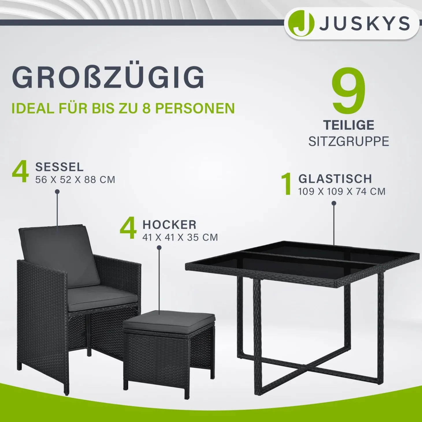Polyrattan Sitzgruppe Baracoa Gartenmöbel Set für bis zu 8 Personen inkl. Kissen