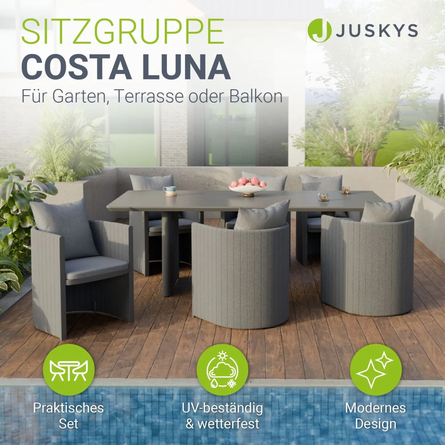 Premium Sitzgruppe Costa Luna Luxus Gartenmöbel Set für 6 Personen mit Tisch & Stühlen