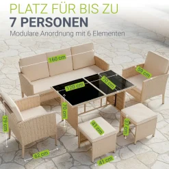 Rattan Sitzgruppe Turin Polyrattan Gartenmöbel-Set für 7 Personen inkl. Kissen
