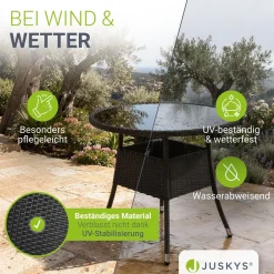 Runder Polyrattan Gartentisch Yoro Wetterfester Tisch mit Glasplatte