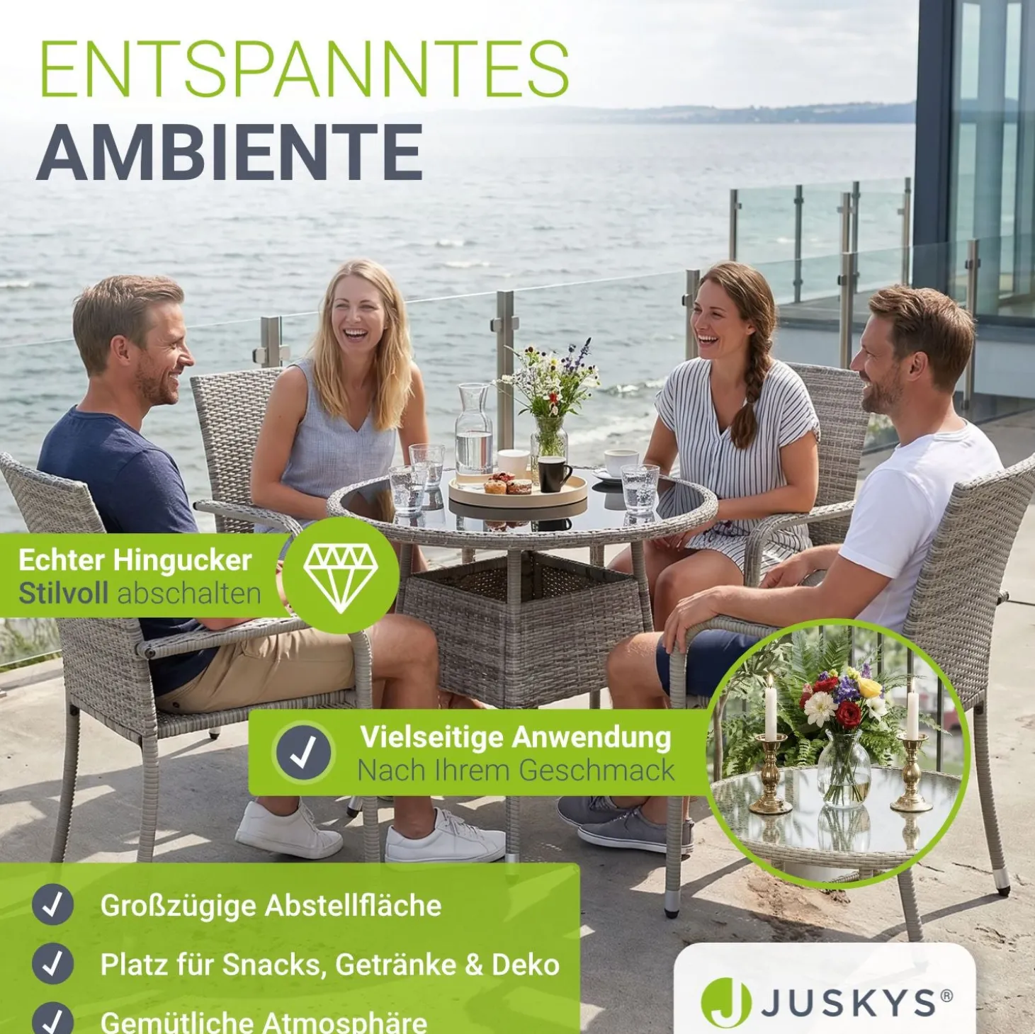 Runder Polyrattan Gartentisch Yoro Wetterfester Tisch mit Glasplatte
