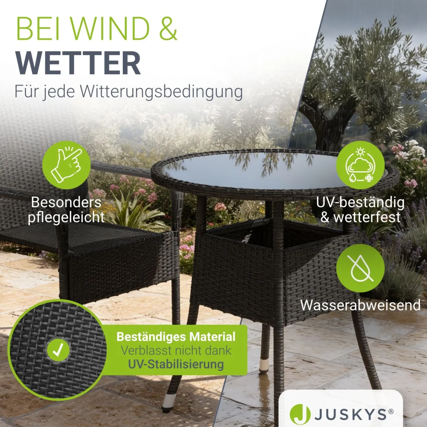 Runder Polyrattan Gartentisch Yoro Wetterfester Tisch mit Glasplatte