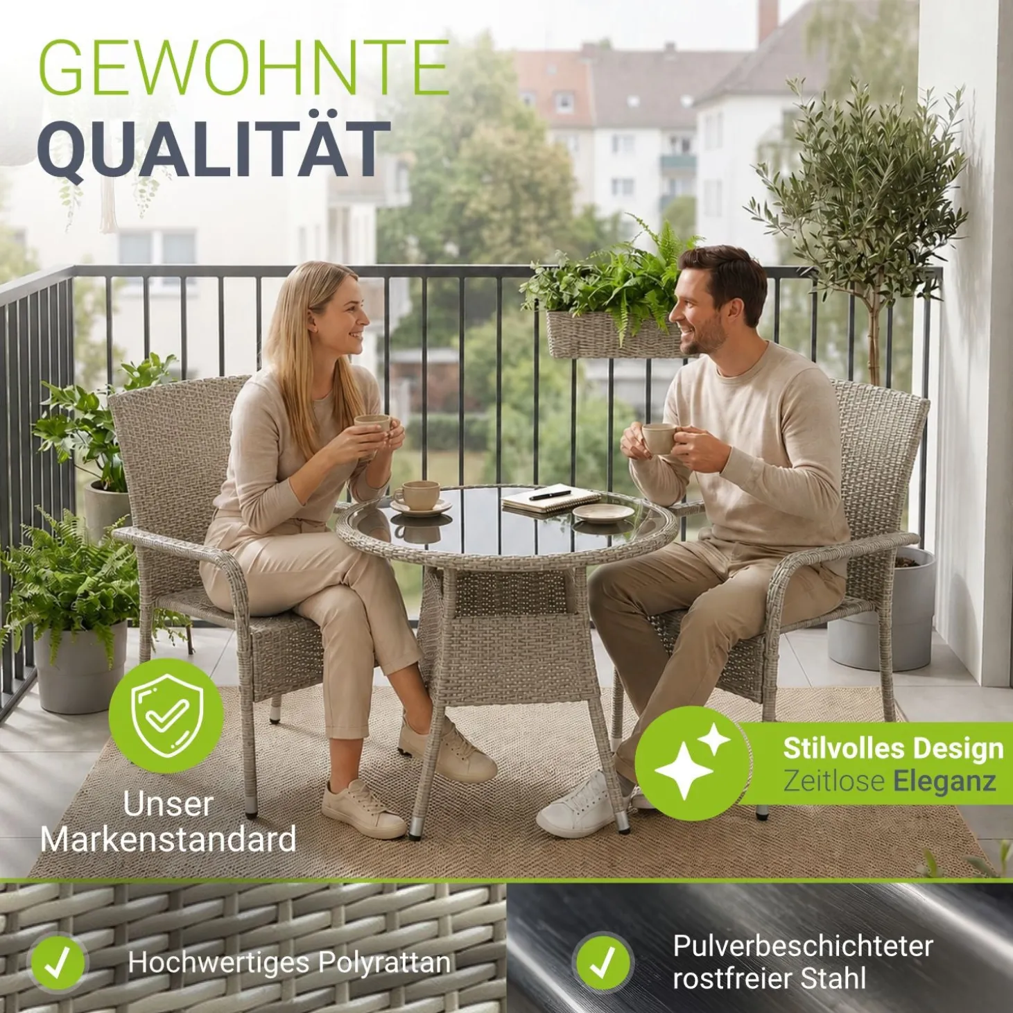 Runder Polyrattan Gartentisch Yoro Wetterfester Tisch mit Glasplatte