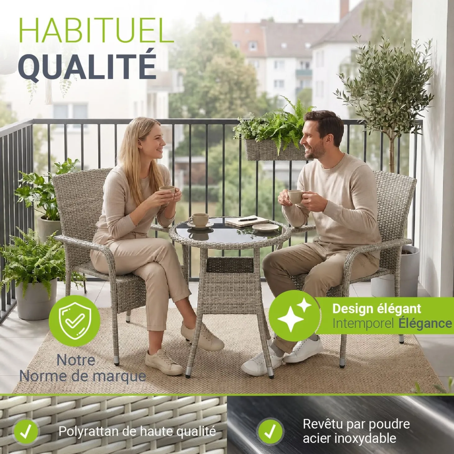 Runder Polyrattan Gartentisch Yoro Wetterfester Tisch mit Glasplatte