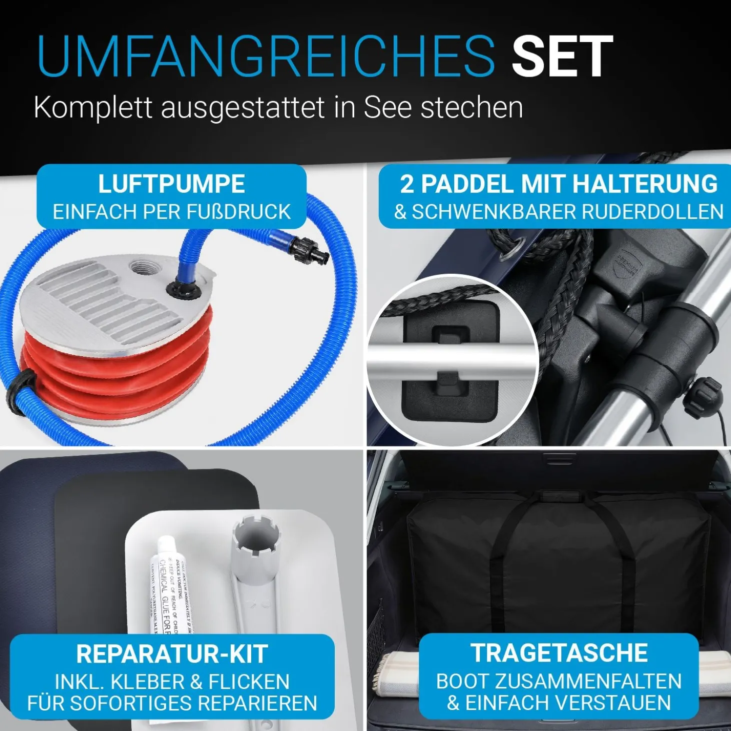 Schlauchboot 3,20 m Paddelboot für 4 Personen - inkl. Paddel, Luftpumpe und mehr