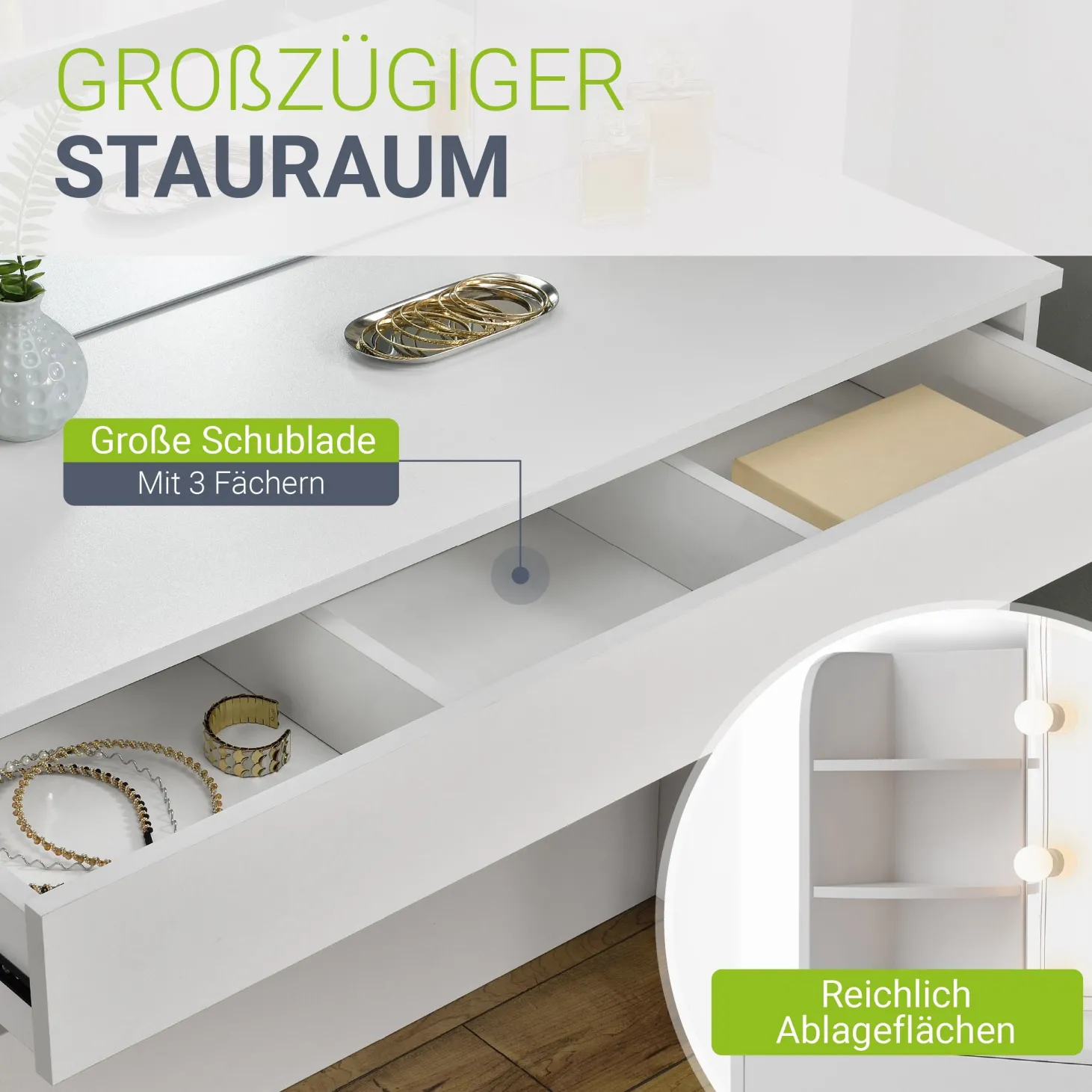 Schminktisch Bella mit Hocker Melly Mit Spiegel & LED-Licht für beste Styling-Ergebnisse
