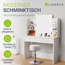 Schminktisch Bella mit Hocker Tonia Mit LED Beleuchtung und großem Spiegel für optimale Styling-Ergebnisse