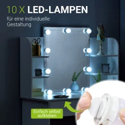 Schminktisch Bella mit Hocker Tonia Mit LED Beleuchtung und großem Spiegel für optimale Styling-Ergebnisse