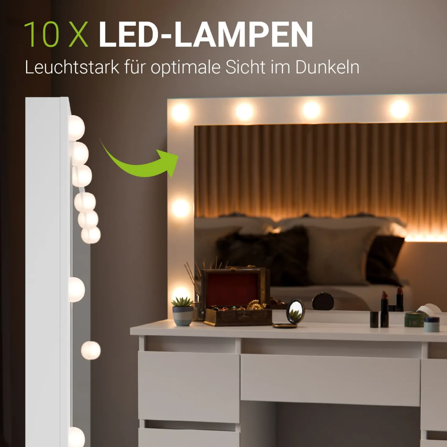 Schminktisch mit Spiegel Lilia Eleganter Schminktisch mit Licht & viel Stauraum