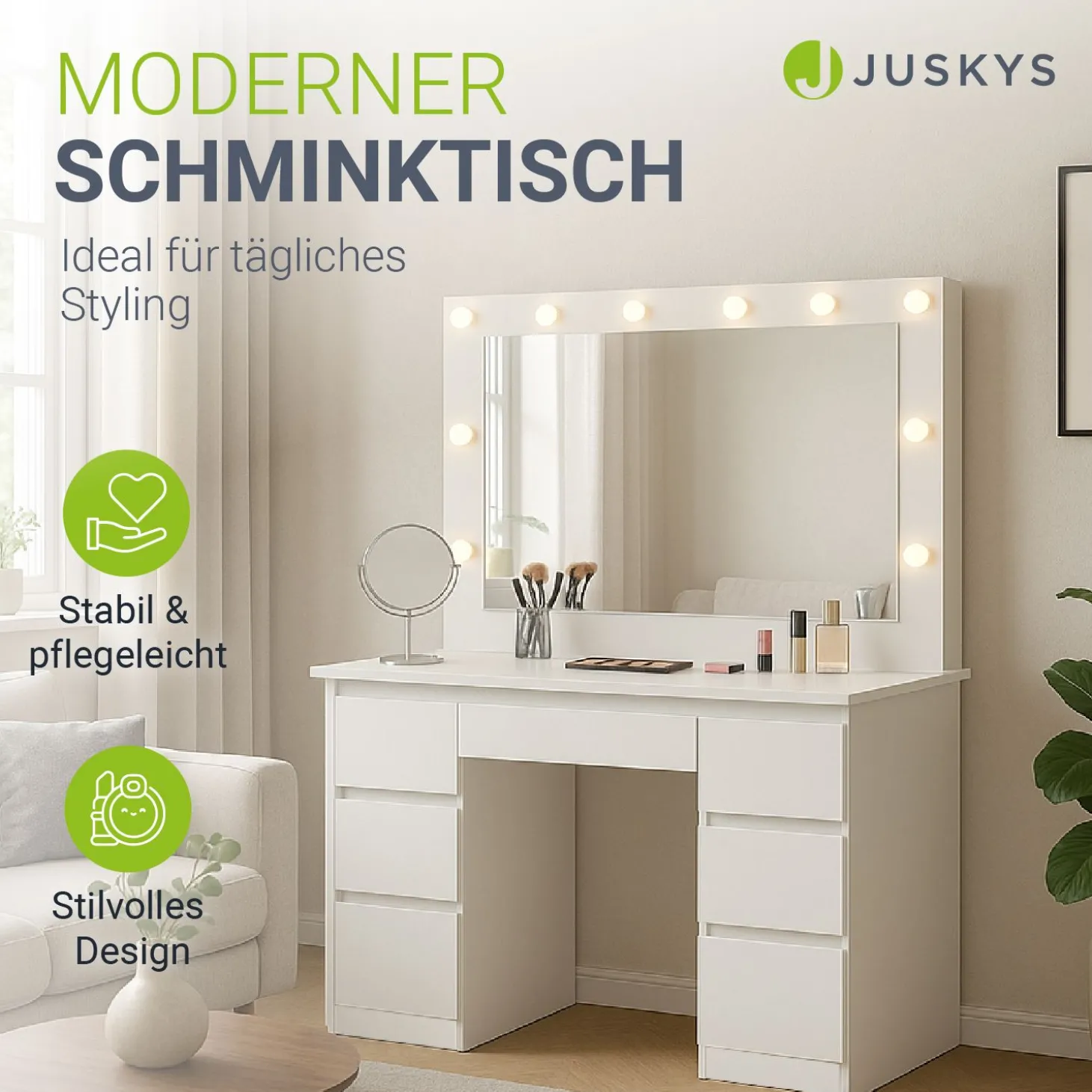 Schminktisch mit Spiegel Lilia Eleganter Schminktisch mit Licht & viel Stauraum