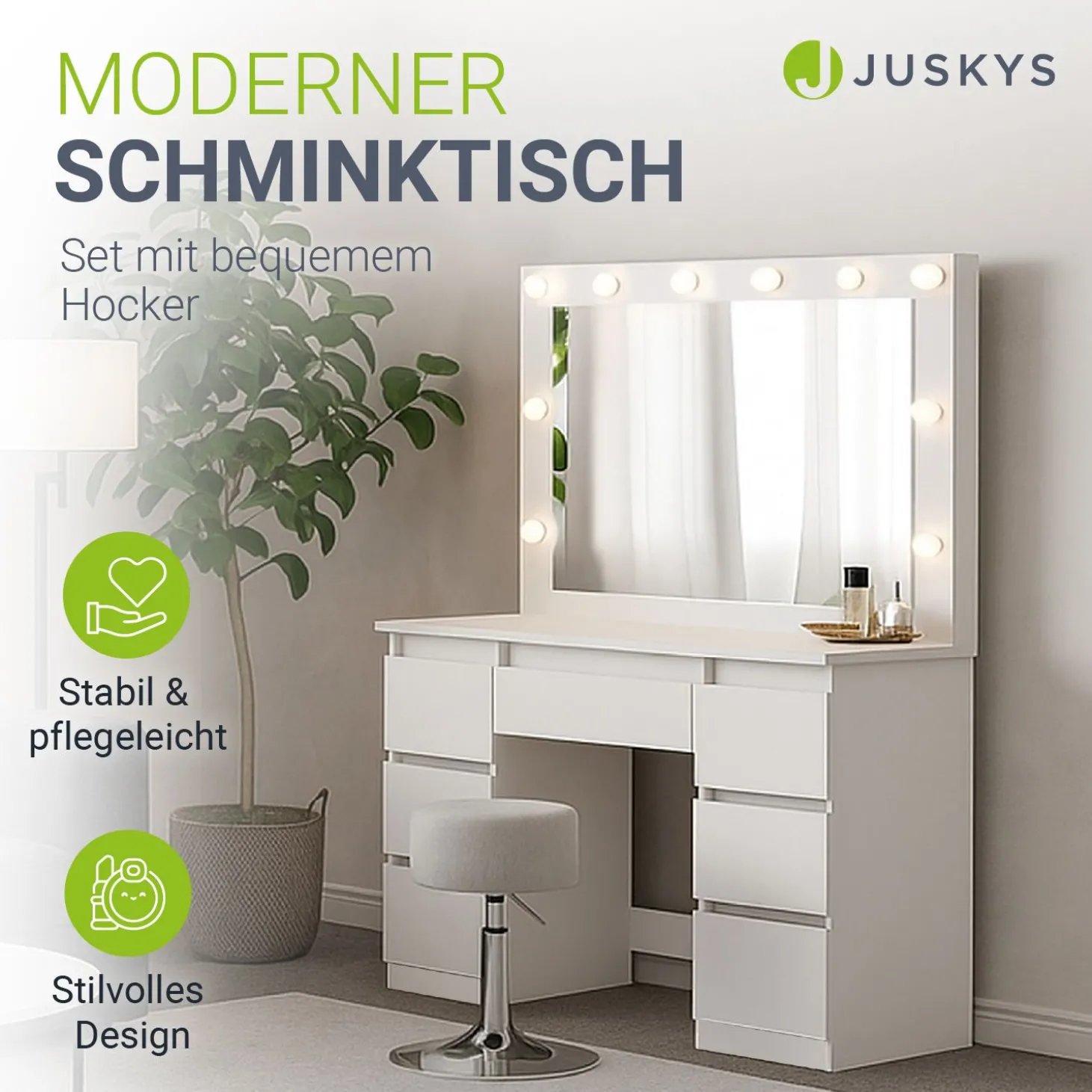 Schminktisch mit Spiegel Lilia Eleganter Schminktisch mit Licht & viel Stauraum