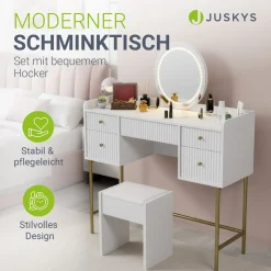 Schminktisch mit Spiegel Samira Luxuriöser Schminktisch mit Touch-LED & fünf Schubladen