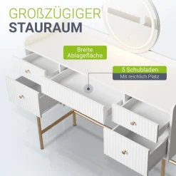 Schminktisch mit Spiegel Samira Luxuriöser Schminktisch mit Touch-LED & fünf Schubladen