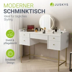 Schminktisch mit Spiegel Samira Luxuriöser Schminktisch mit Touch-LED & fünf Schubladen