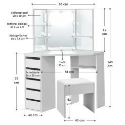 Schminktisch Nova mit Hocker Melly Kosmetiktisch mit LEDs, Spiegel, Schubladen & Fächern