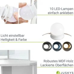 Schminktisch Nova mit Hocker Melly Kosmetiktisch mit LEDs, Spiegel, Schubladen & Fächern