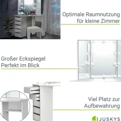 Schminktisch Nova mit Hocker Melly Kosmetiktisch mit LEDs, Spiegel, Schubladen & Fächern