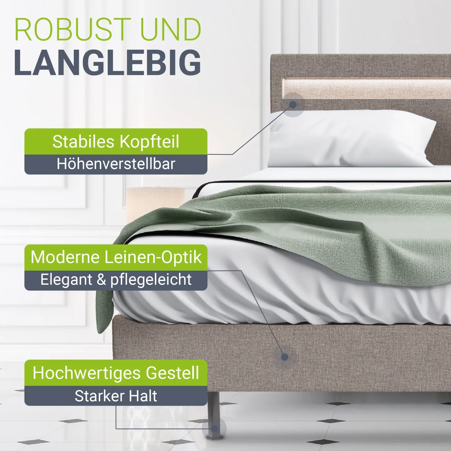 Schwebebett Lissabon Elegant schwebendes Polsterbett mit LED-Beleuchtung