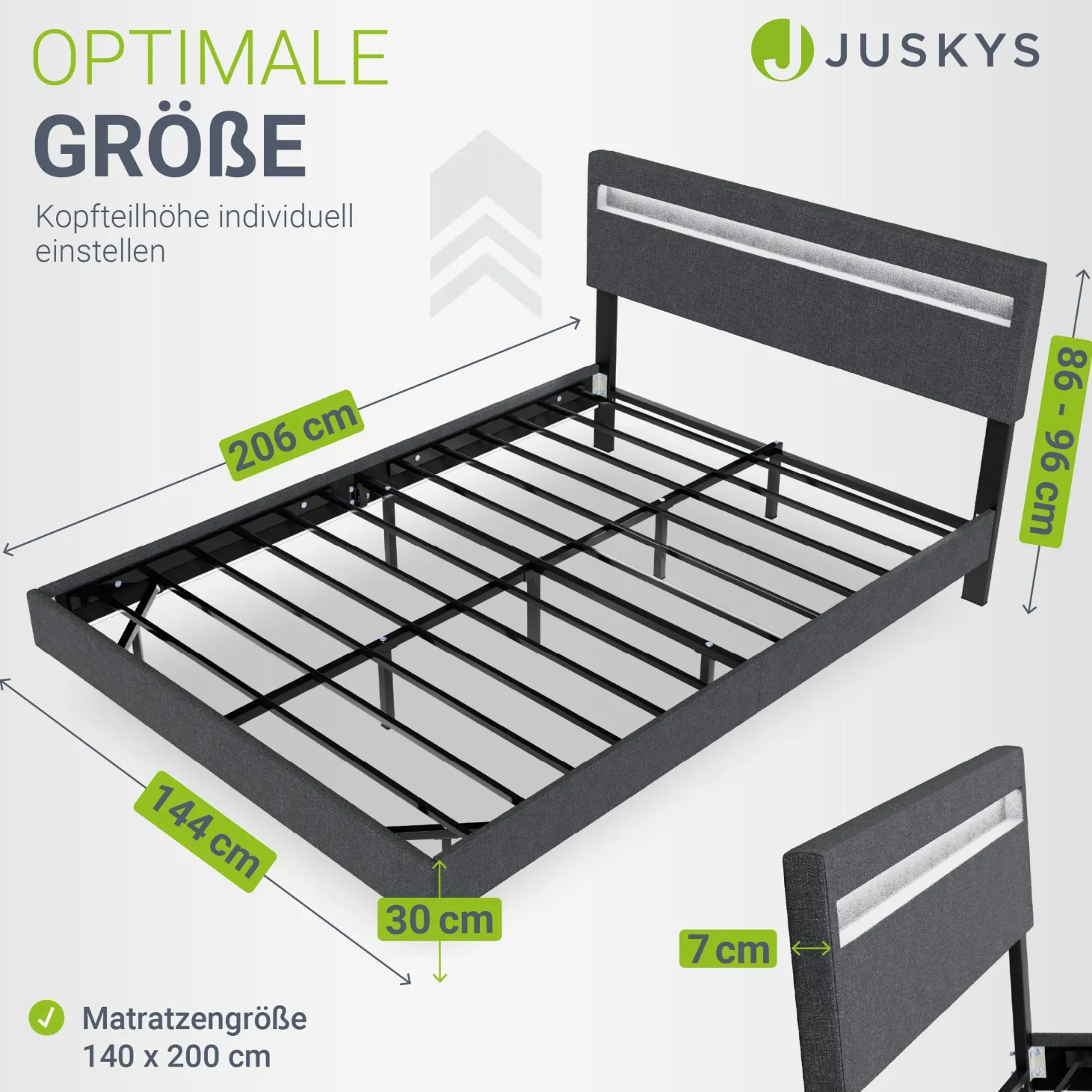 Schwebebett Lissabon Elegant schwebendes Polsterbett mit LED-Beleuchtung