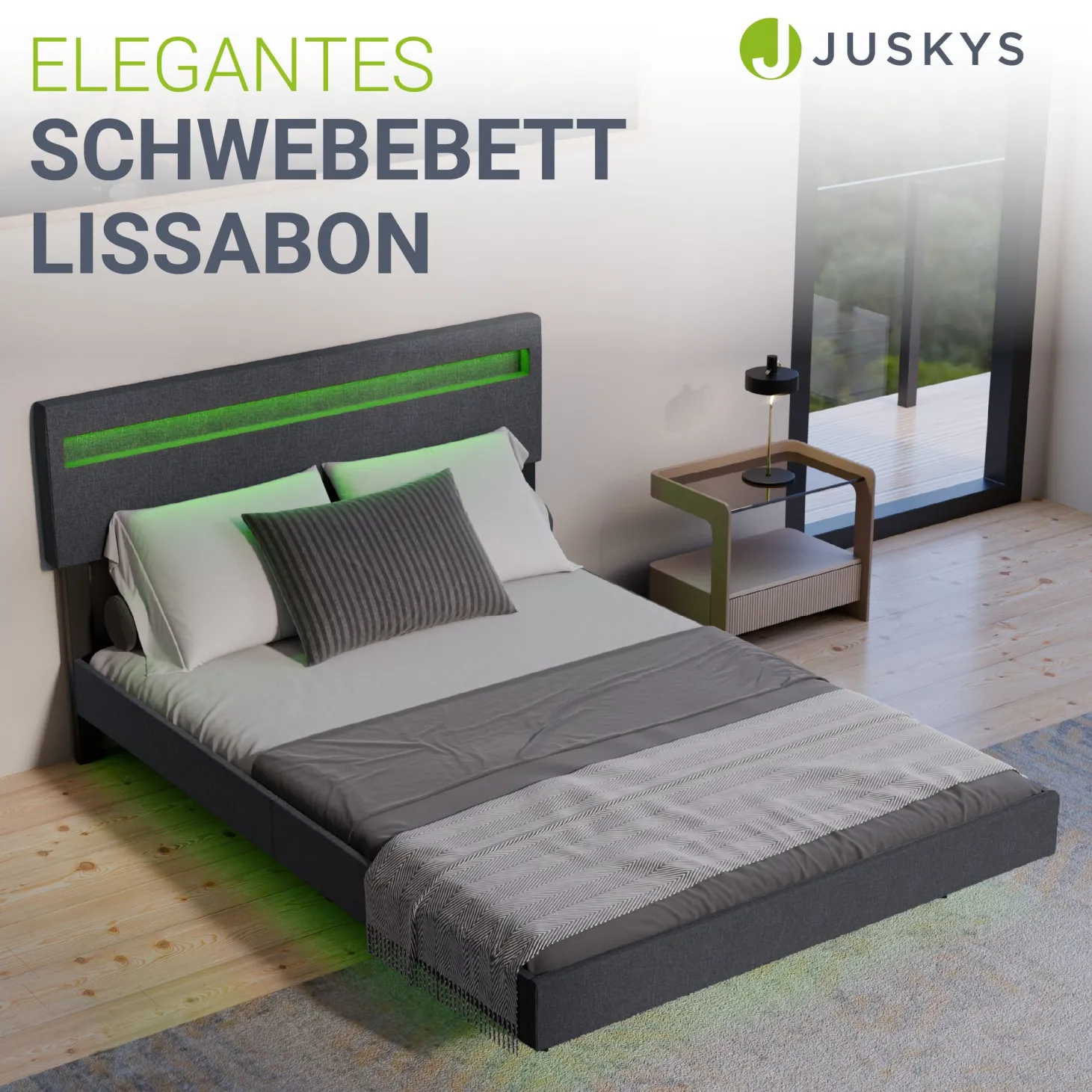 Schwebebett Lissabon Elegant schwebendes Polsterbett mit LED-Beleuchtung
