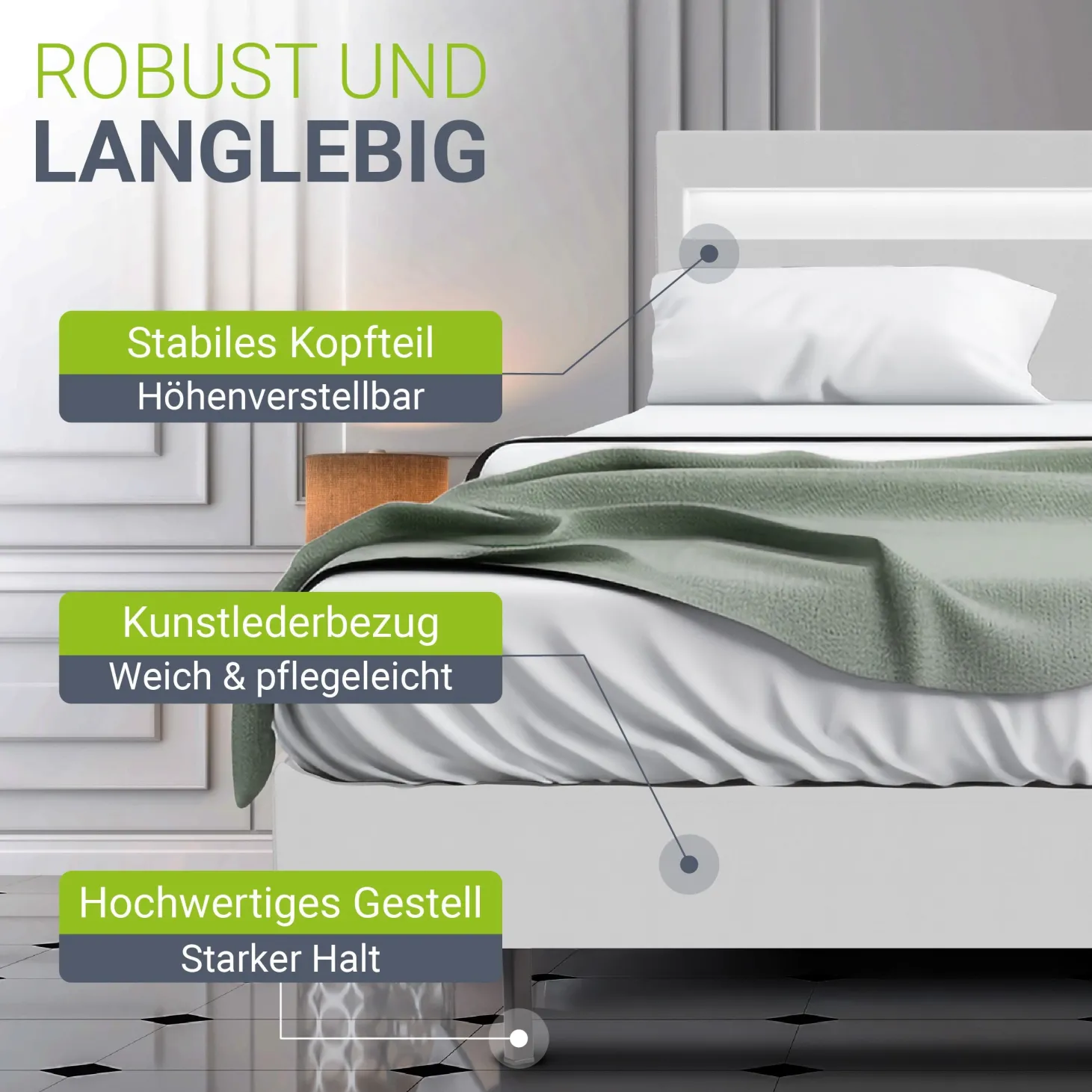 Schwebebett Lissabon Elegant schwebendes Polsterbett mit LED-Beleuchtung