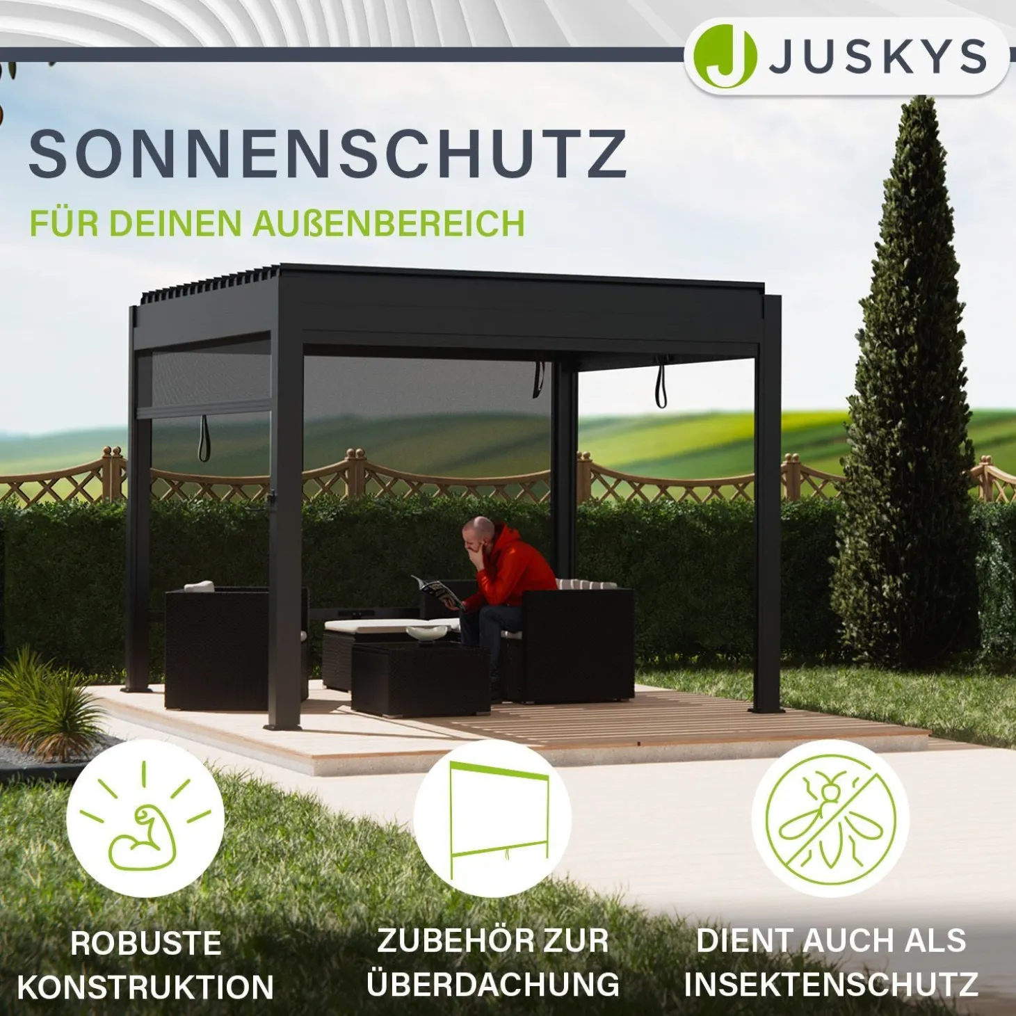 Seitenwand für Lamellendach Tahiti Verstellbares Rollo für Pergola - flexibler Sicht- & Sonnenschutz