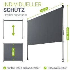 Senkrechtmarkise Barbados 100 x 310 cm - grau Sonnen- & Sichtschutz höhenverstellbar, ohne Bohren, UV-beständig in 100x310cm - grau