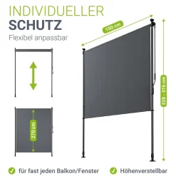 Senkrechtmarkise Barbados 120 x 310 cm - grau Sonnen- & Sichtschutz höhenverstellbar, ohne Bohren, UV-beständig