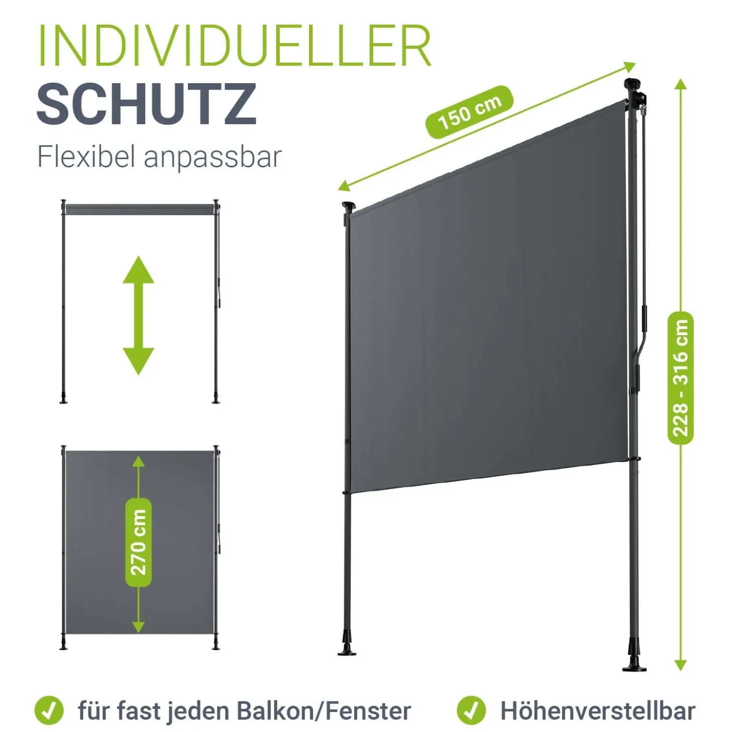 Senkrechtmarkise Barbados 120 x 310 cm - grau Sonnen- & Sichtschutz höhenverstellbar, ohne Bohren, UV-beständig