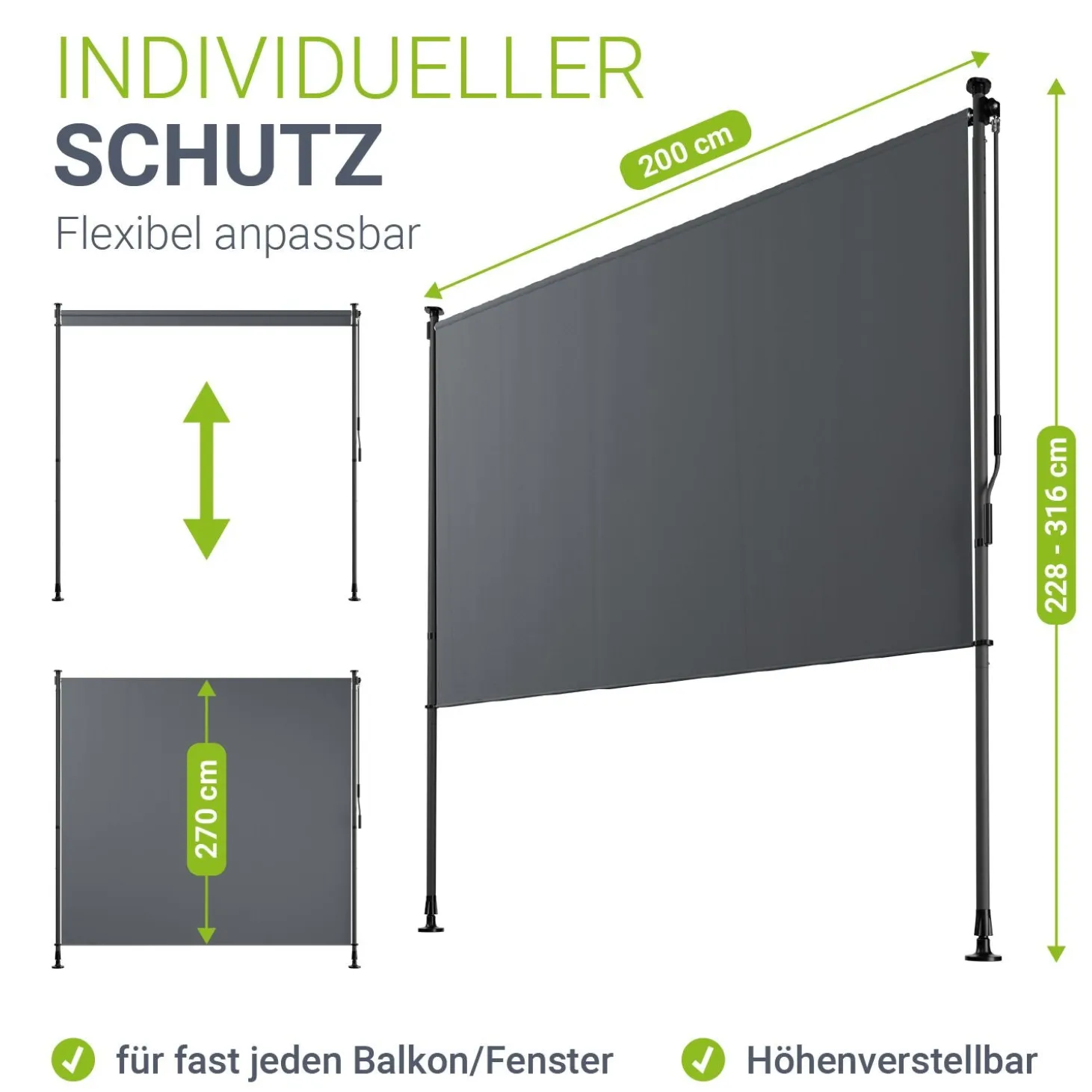 Senkrechtmarkise Barbados 120 x 310 cm - grau Sonnen- & Sichtschutz höhenverstellbar, ohne Bohren, UV-beständig