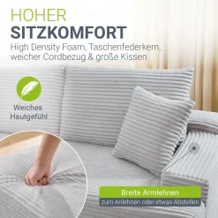 Sofa Coredo mit Cord Bezug & Dekokissen Gemütliche Couch mit Schaumstoff und Boxspringkern