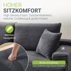 Sofa Coredo mit Cord Bezug & Dekokissen Gemütliche Couch mit Schaumstoff und Boxspringkern