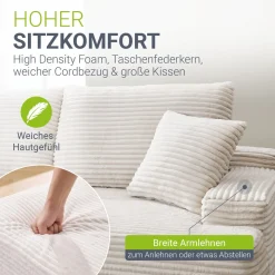 Sofa Coredo mit Cord Bezug & Dekokissen Gemütliche Couch mit Schaumstoff und Boxspringkern