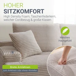 Sofa Coredo mit Cord Bezug & Dekokissen Gemütliche Couch mit Schaumstoff und Boxspringkern