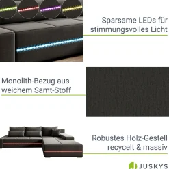 Sofa Davos mit LED Gemütliche Couch in L-Form mit Schlaffunktion