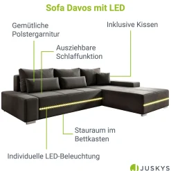 Sofa Davos mit LED Gemütliche Couch in L-Form mit Schlaffunktion