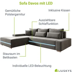 Sofa Davos mit LED Gemütliche Couch in L-Form mit Schlaffunktion