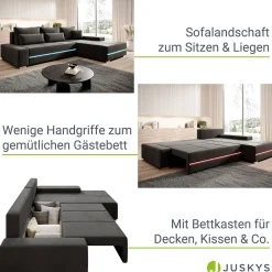 Sofa Davos mit LED Gemütliche Couch in L-Form mit Schlaffunktion